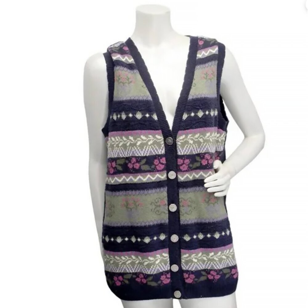Vintage 90s Northern Reflections Floral Knit Button Up Sweater Vest Medium - Picture 10 of 10
